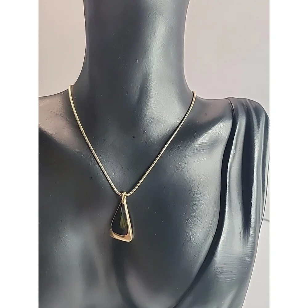 Vintage Gold Tone Black Enamel Geometric Pendant Necklace Snake Chain Minimalist